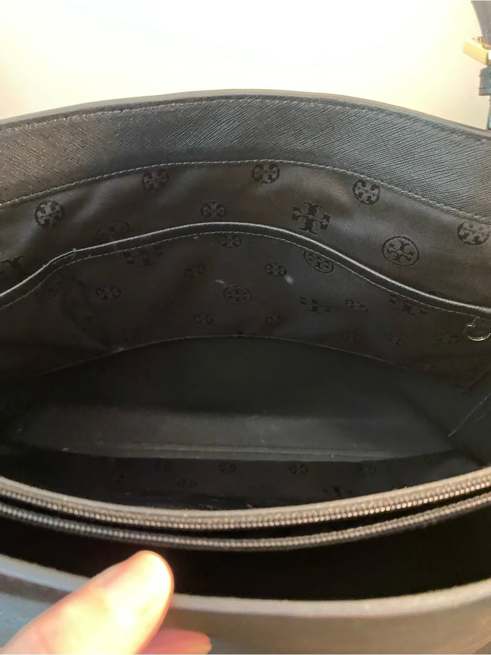Tory Burch Black Saffiano Tote with Gold Logo Flaw